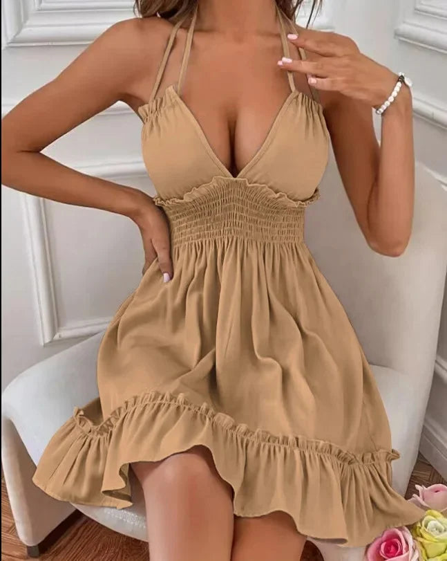 Vestido sexy de tirantes con escote en V profundo para mujer, espalda abierta y pliegues paralelos, popular entre Europa y América.