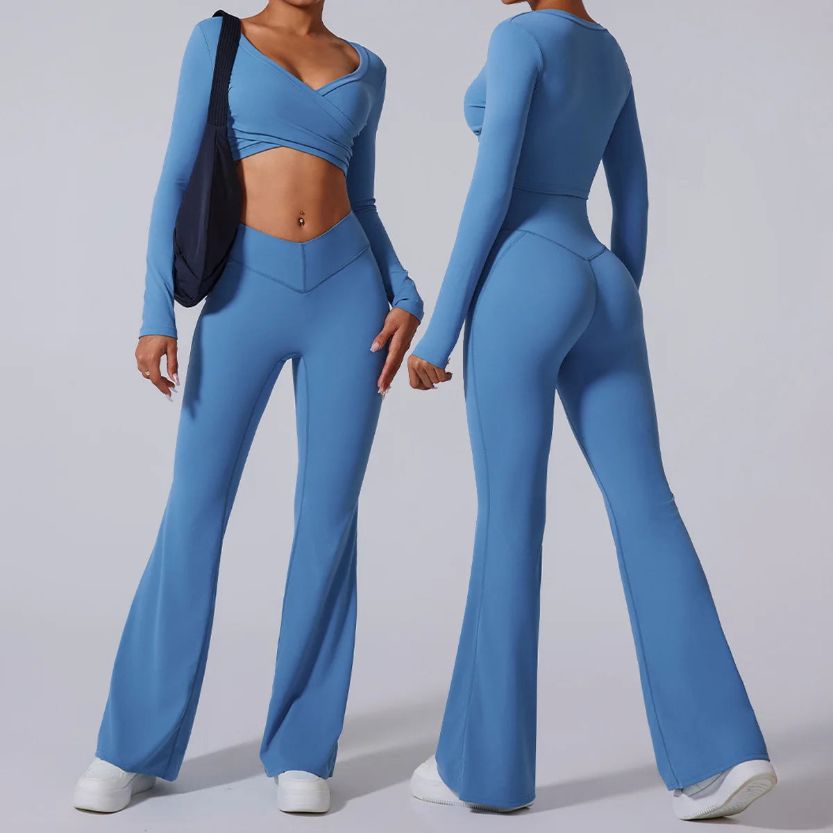 Conjunto de yoga para mujer: pantalones acampanados, ropa deportiva para gimnasio, top push-up de manga larga, estilo deportivo y sexy.