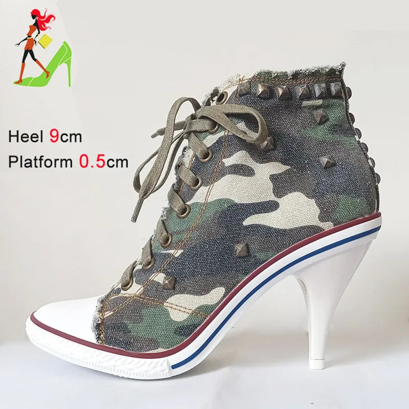 Botas cortas de mezclilla para mujer, botines con tachuelas y tacones altos, botas de mujer con remaches, tacones altos finos con cordones, zapatos de mezclilla