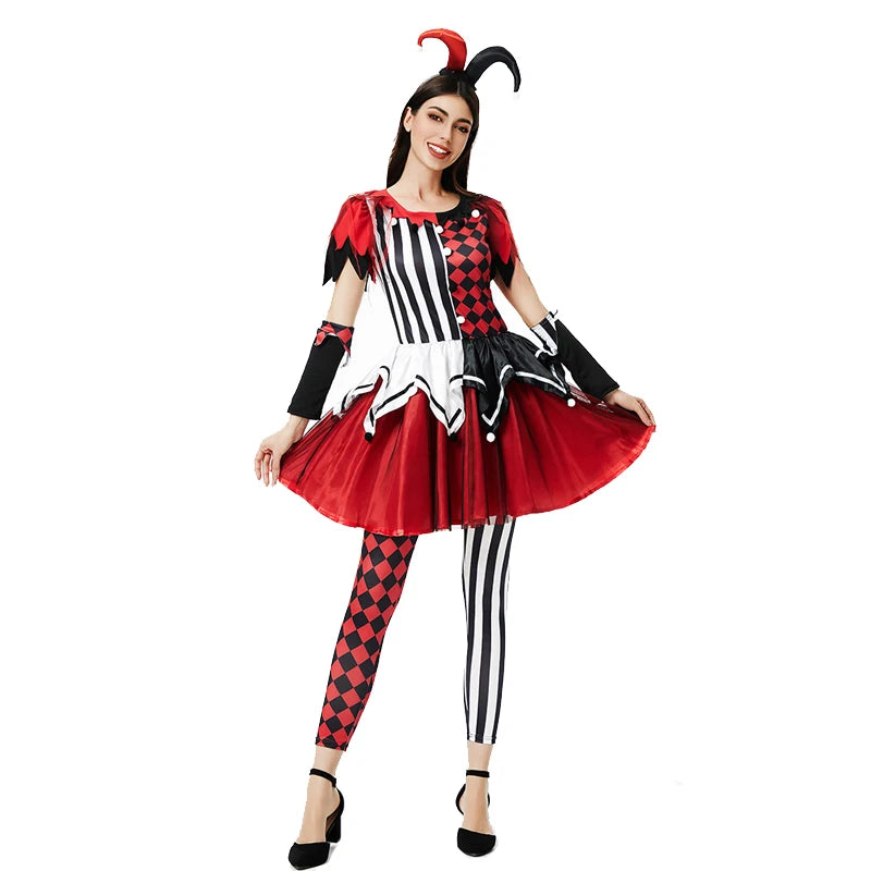 Multiple Lady Circus Clown Costume Crazy Naughty Harlequin Pennywise Roleplay Cosplay Carnival Halloween Fancy Party Dress