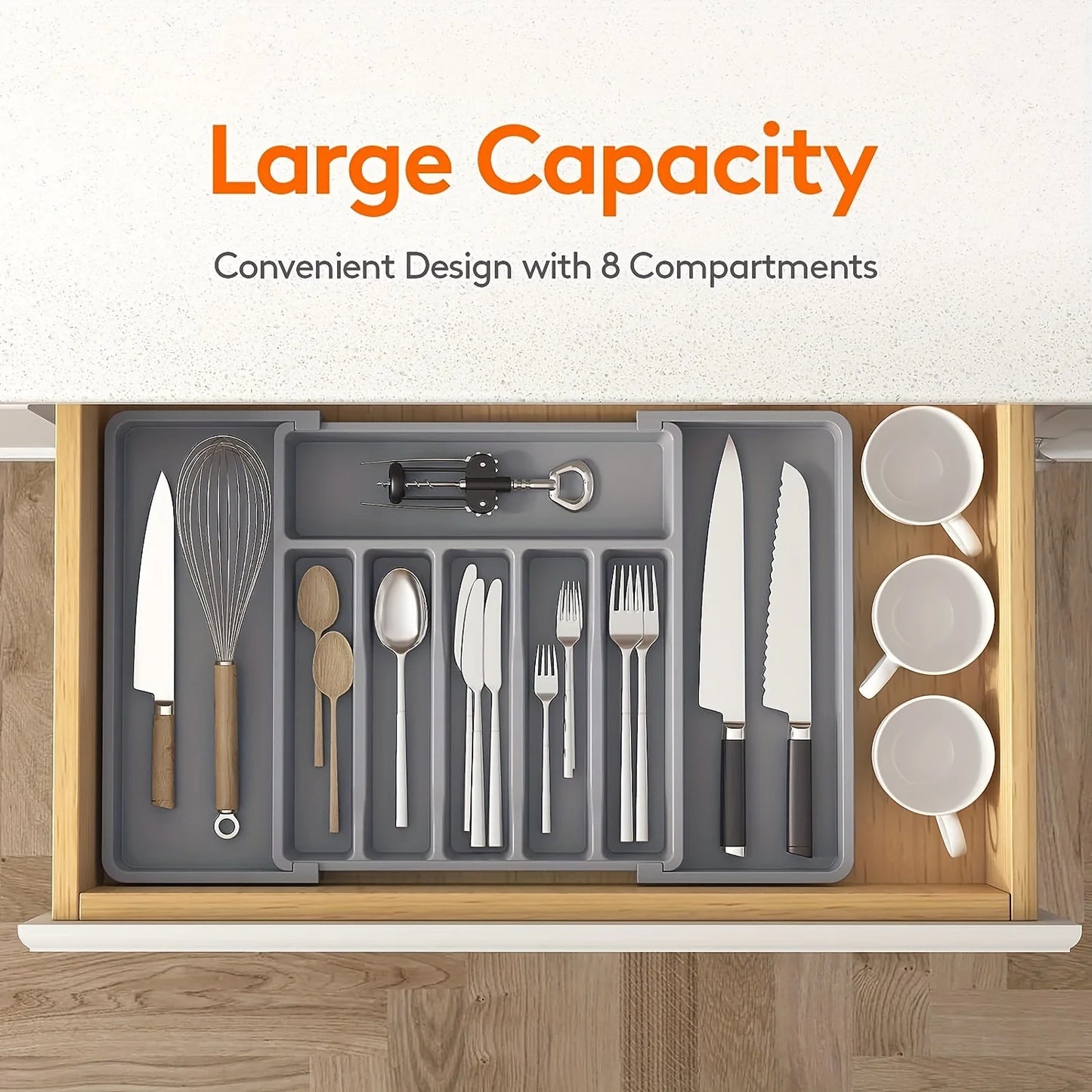 Organizador de cubiertos ajustable con divisores, bandeja de plástico para cucharas, tenedores y cuchillos.