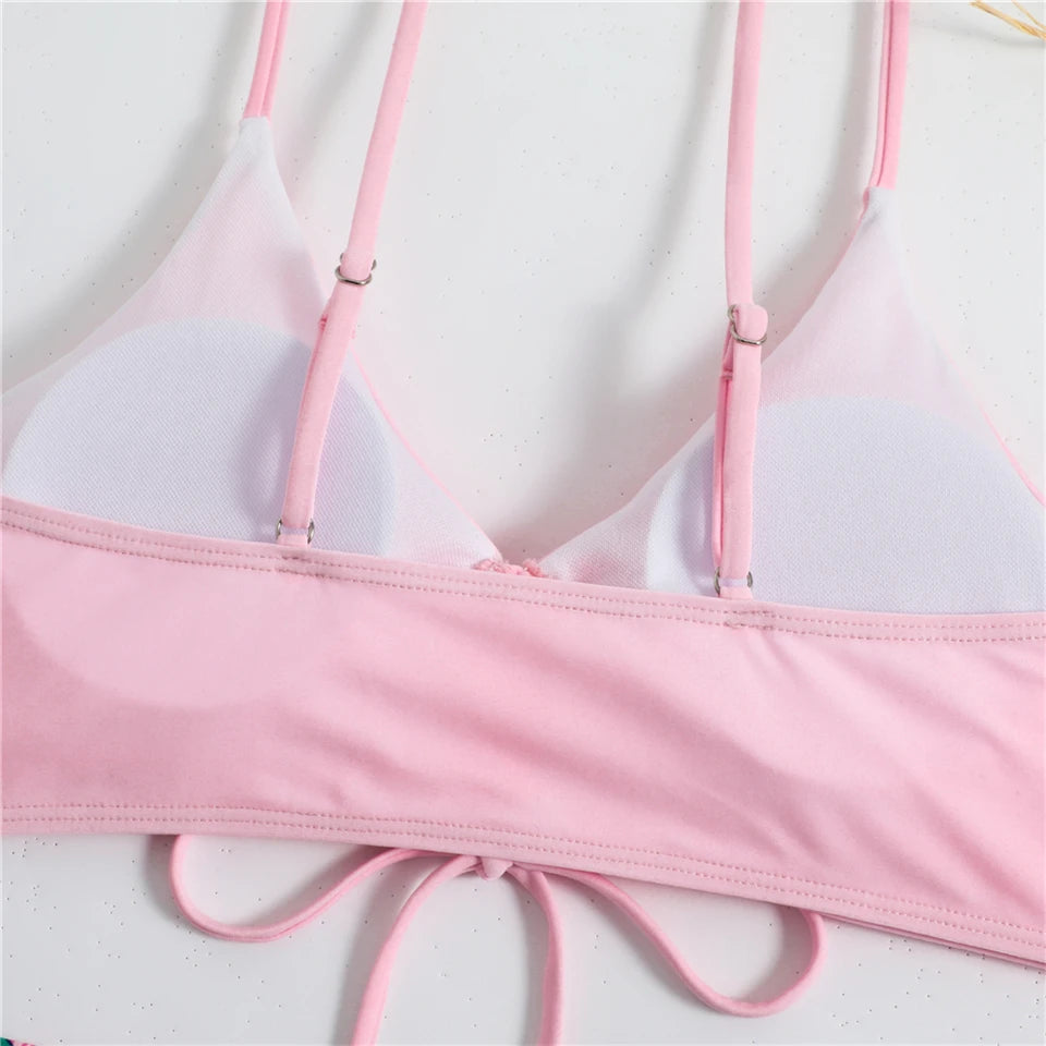 Bikini con cordón y estampado tropical para mujer, traje de baño de cintura alta con lazo frontal, pantalones cortos, traje de baño sexy para mujer, ropa de playa de verano