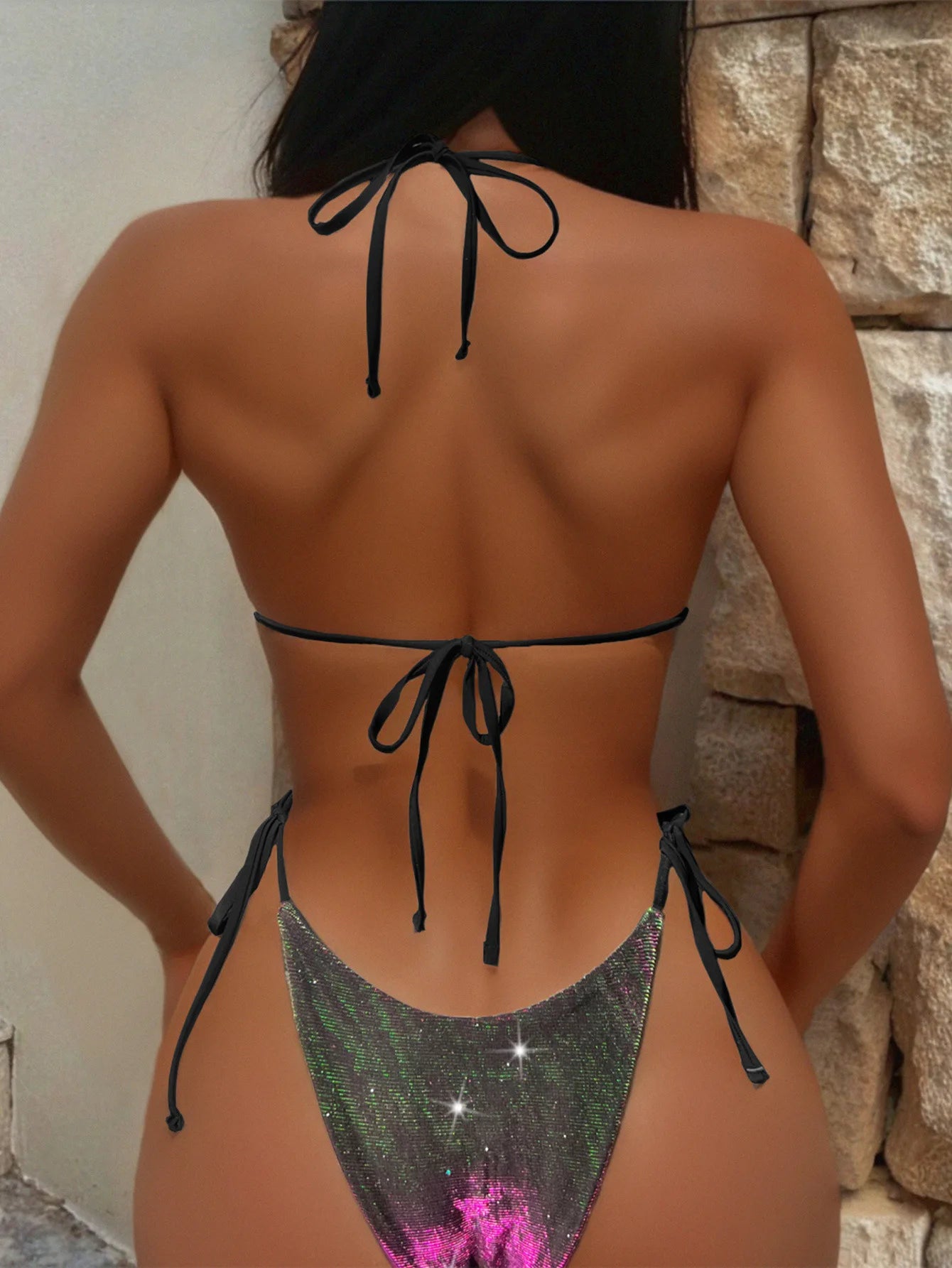 Conjunto de bikini micro halter con tanga y lazo, dos piezas, color morado, con degradado dorado, 2024
