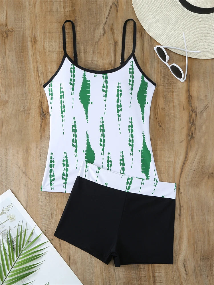Traje de baño de dos piezas para mujer 2025, nuevo traje de baño liso con estampado de tirantes, tankini de verano, pantalones cortos tipo bóxer de cintura alta, traje de baño de playa para mujer