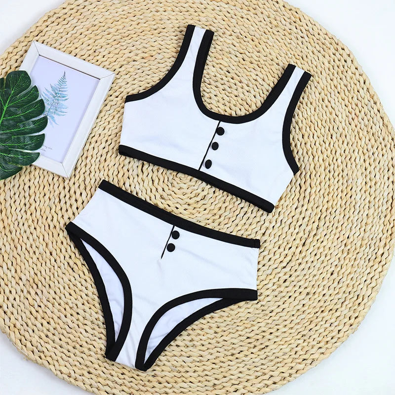 2024 Black and white simple ins style two-piece swimsuit women's small fragrant wind bikini