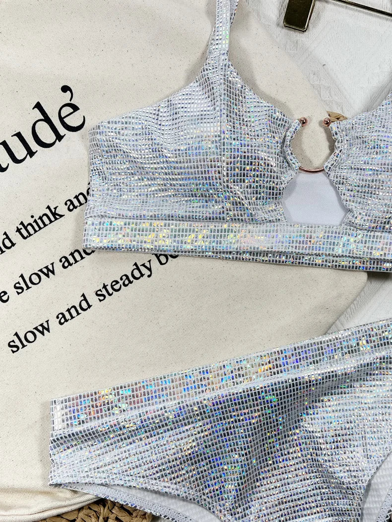 Bikini sexy de cintura alta con lentejuelas plateadas, traje de baño para mujer, conjunto de bikini, traje de baño nuevo, bikini femenino con push-up y aro de metal.