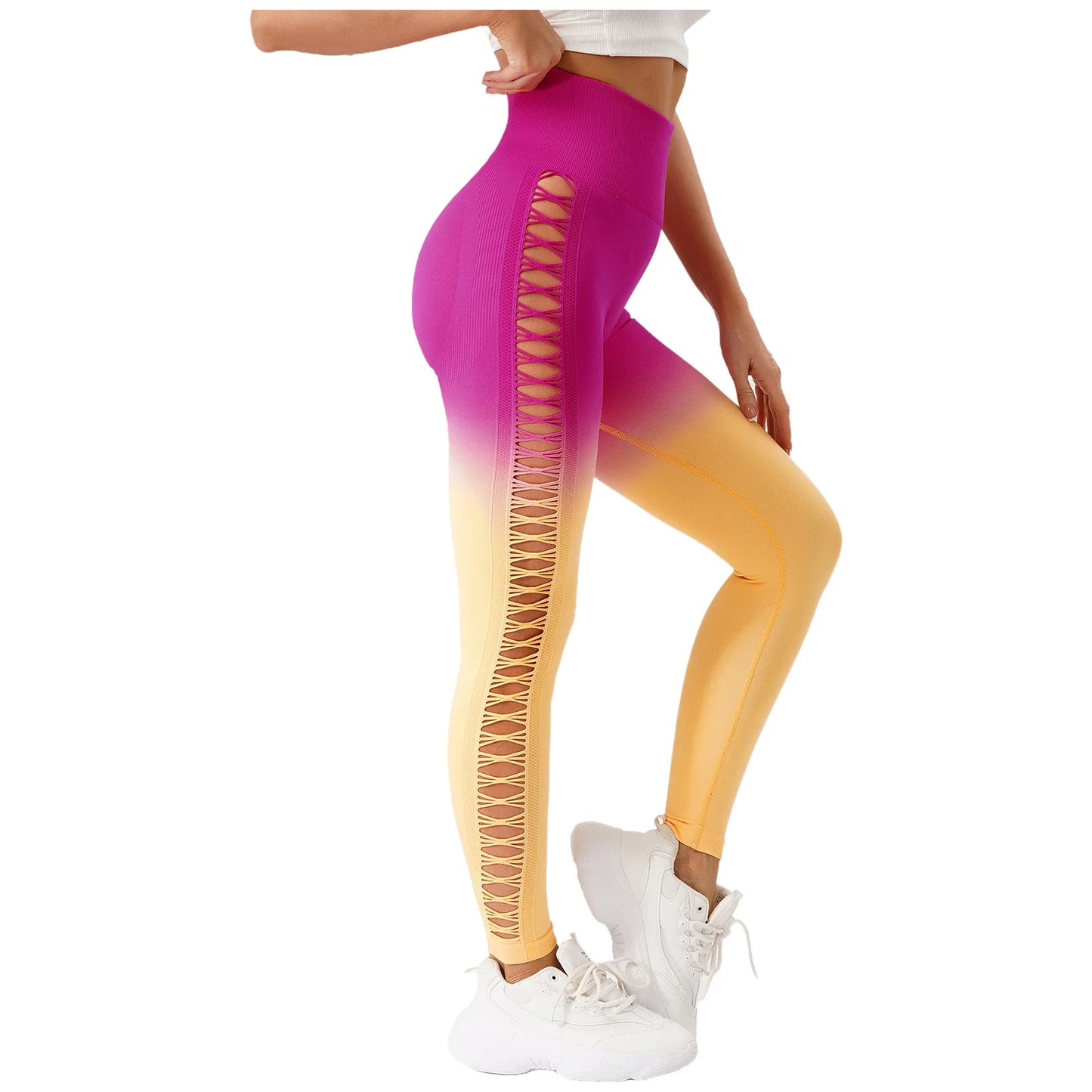 Womens Hip Tight Yoga Pants High Waist Side Hollowed-Out Mesh Design Exercise Yoga Leggings Running Gym Fitness
