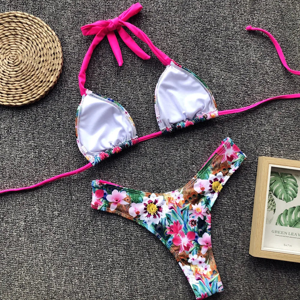 Bikini 2024 Sexy Leopardo Estampado Floral Halter Traje de Baño Traje de Baño Mujeres Bikini Conjunto Traje de Baño Playa Bikini Femenino Banadores Mujer