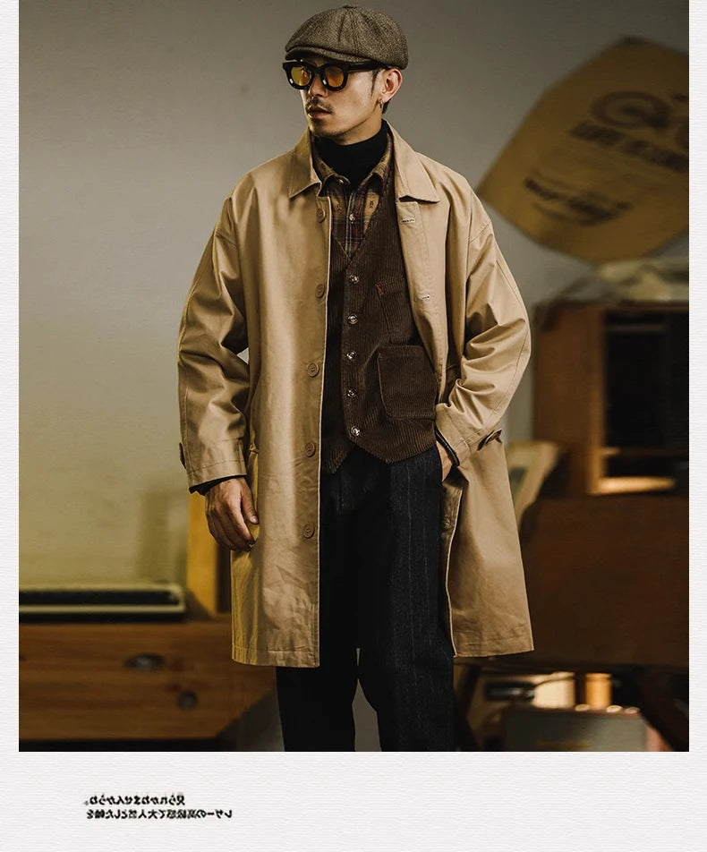 Retro American Sle Men's Long Coat Cotton Casual Faion Urban Youth Pure Color Button up Loose Fit Autumn Winter Coat