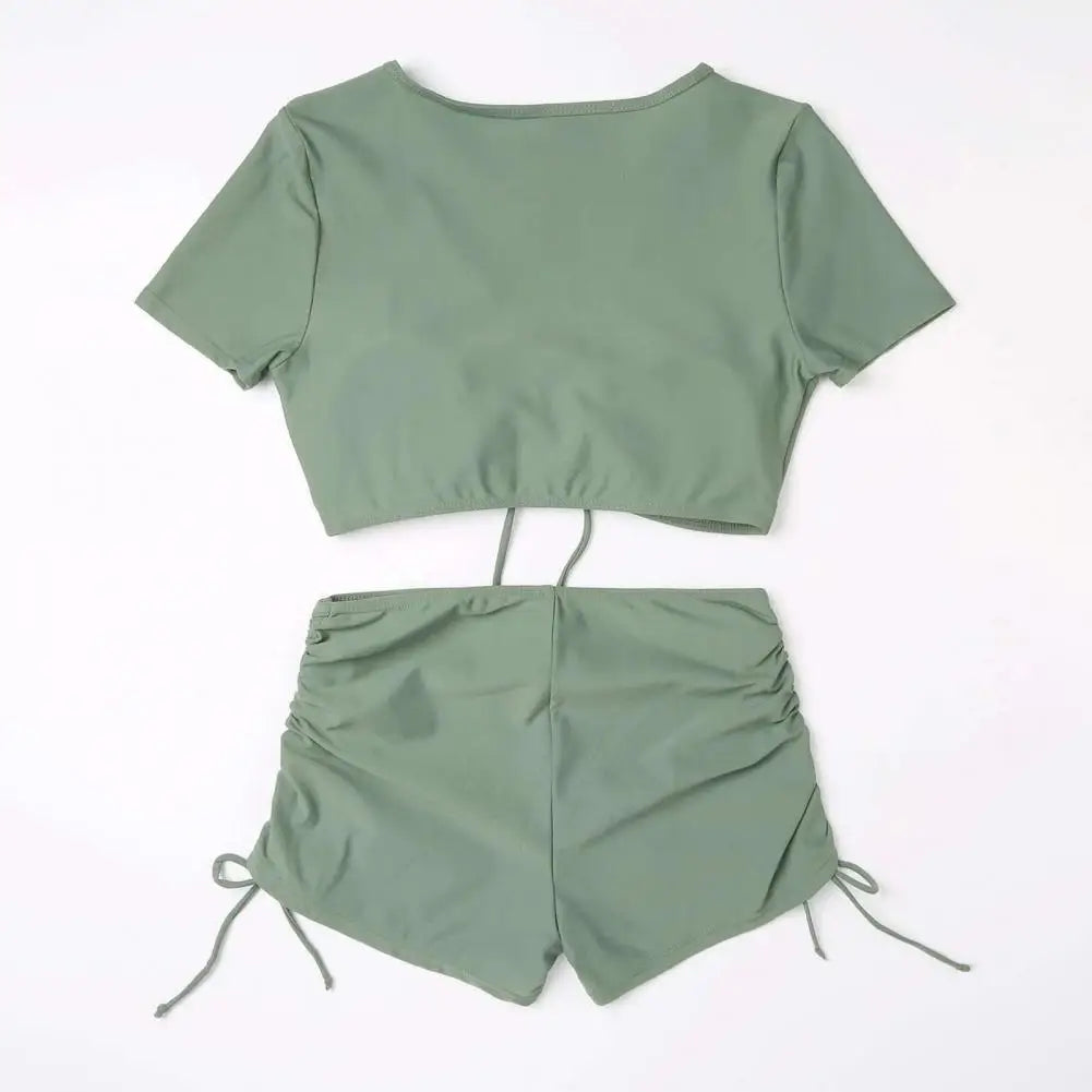 2Pcs/Set Swimsuit for Women Bikini Set V-Neck Short Sleeve Tops High Waist Drawstring Swimming Trunks Quick Drying Swimsuit