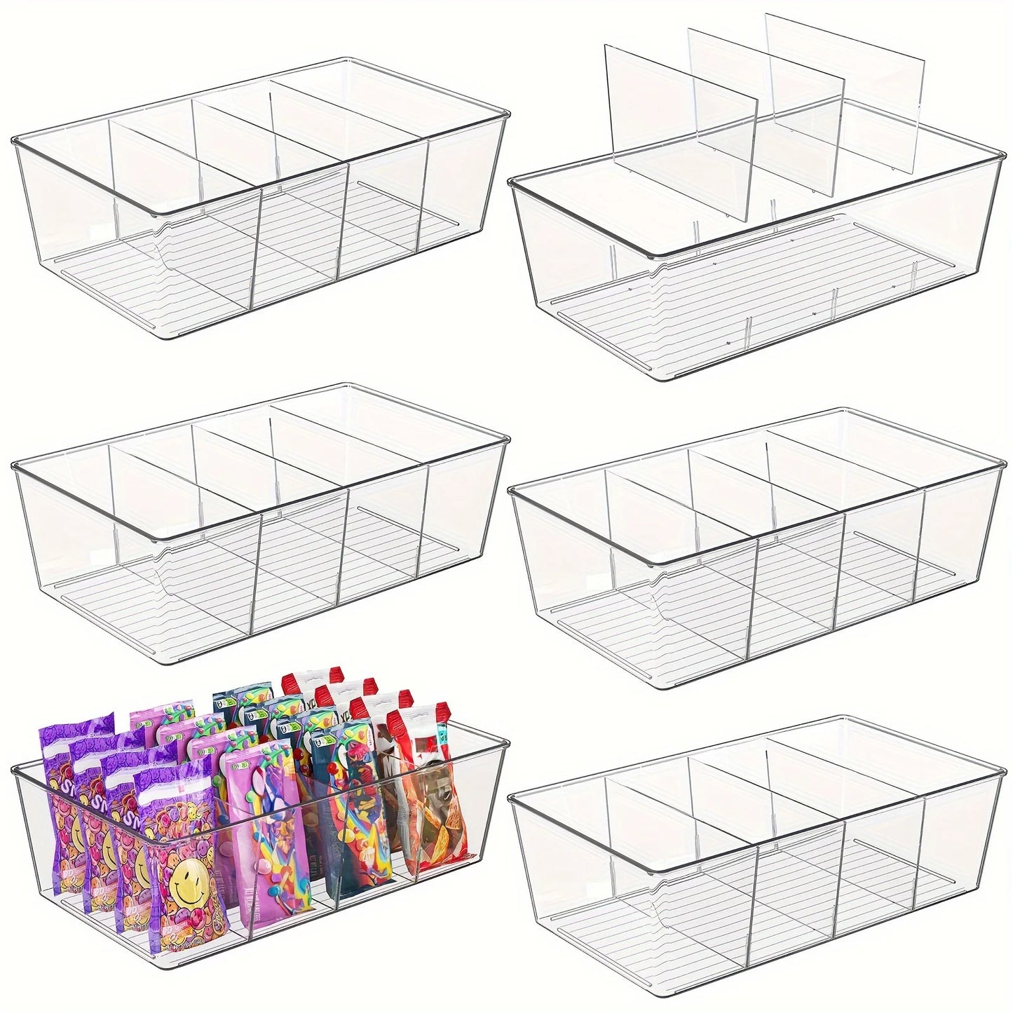 Contenedor transparente para almacenar refrigerios, apilable, ajustable y fácil de limpiar. Ideal para condimentos, especias y cajas de embalaje.