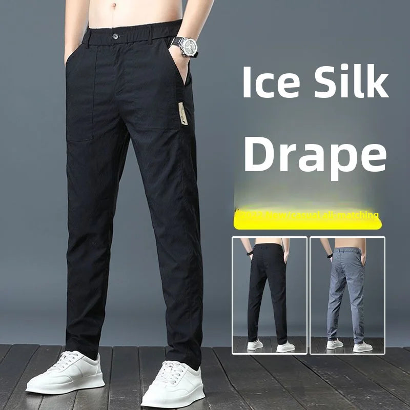 Pantalones casuales finos de verano para hombre, transpirables, de seda de hielo, elásticos, de pierna recta, holgados, de secado rápido, modernos y versátiles, largos