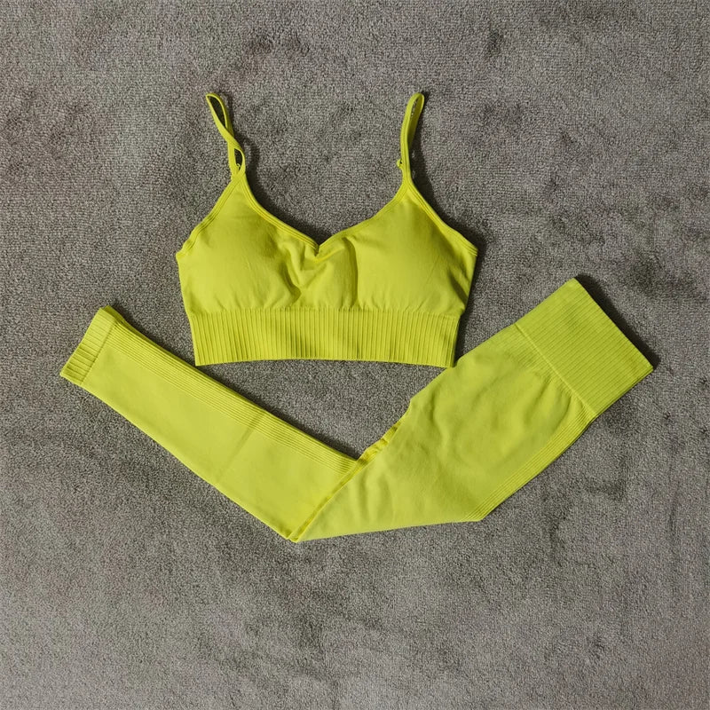 Conjunto de yoga fitness sin costuras para mujer, ropa deportiva de cintura alta, leggings, pantalones cortos de dos piezas, ropa de gimnasio para mujer