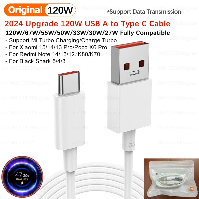 Cable de carga rápida Turbo original Xiaomi 6A 120W 67W USB Tipo C para Mi 15, 14T Ultra, Redmi Note 14, 13 Pro Plus, K80, Poco F5