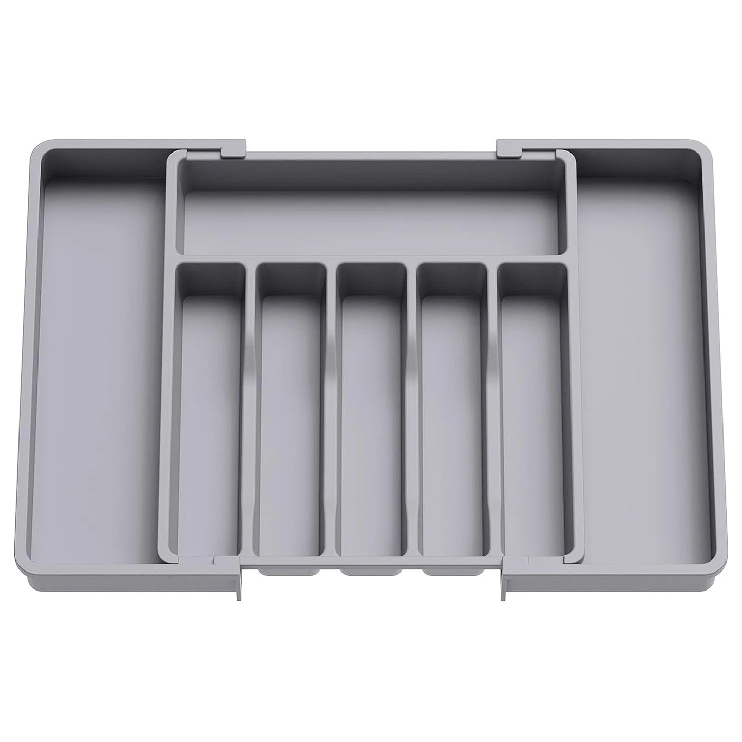 Organizador de cubiertos ajustable con divisores, bandeja de plástico para cucharas, tenedores y cuchillos.