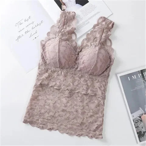 Camiseta de tirantes de encaje de talla grande para mujer, de longitud media, estilo fino de verano con almohadilla para el pecho, capa base, ropa interior exterior