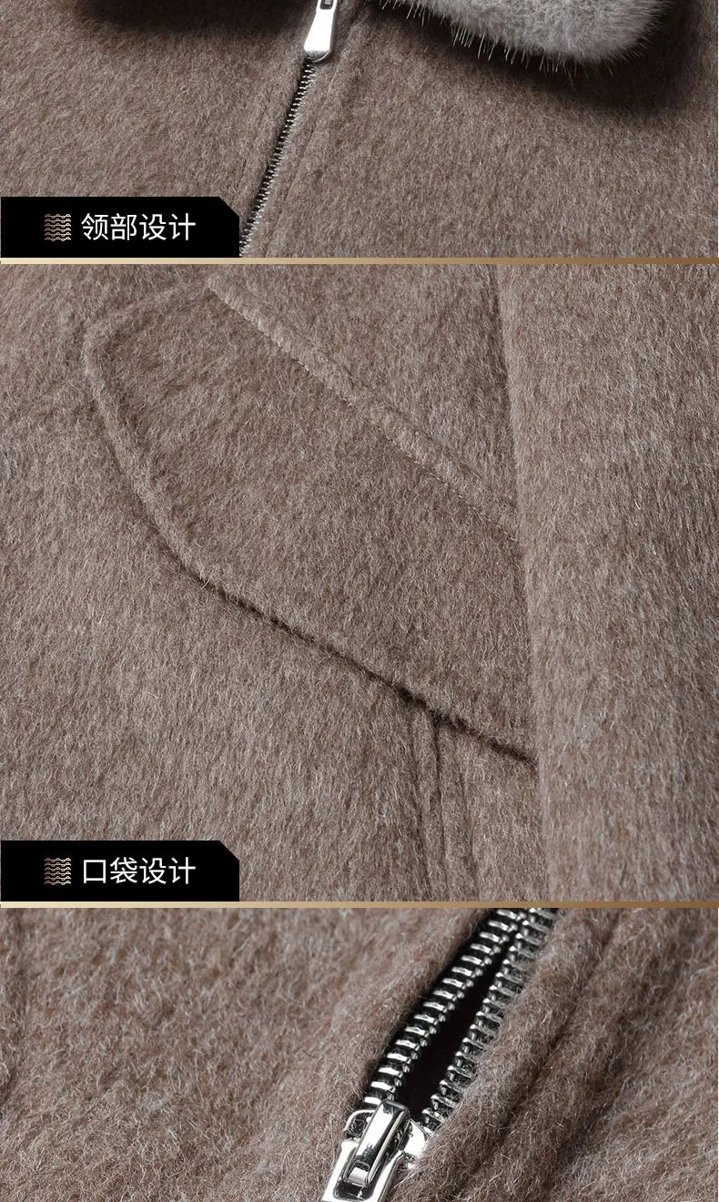AYUNSUE Spring Autumn Wool Coat Men Double-sided Alpaca Jacket Mink Fur Collar Mens Coats and Jackets Overcoat 1970B KJ3859
