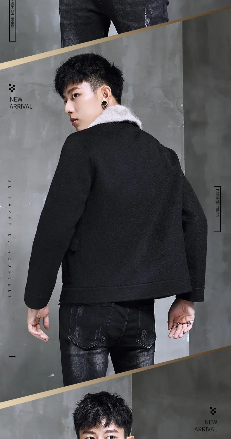 AYUNSUE Spring Autumn Wool Coat Men Double-sided Alpaca Jacket Mink Fur Collar Mens Coats and Jackets Overcoat 1970B KJ3859