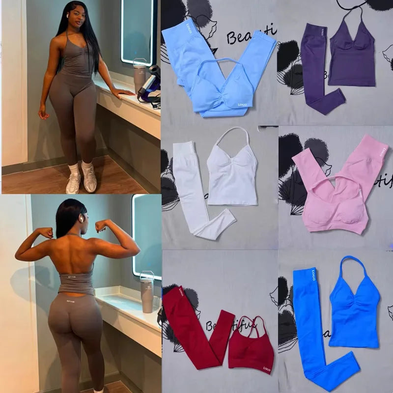 Conjunto de 2 piezas de yoga para mujer, leggings de cintura alta sin costuras, sujetador deportivo, ropa de entrenamiento, ropa deportiva para correr