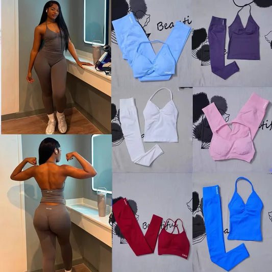 Conjunto de 2 piezas de yoga para mujer, leggings de cintura alta sin costuras, sujetador deportivo, ropa de entrenamiento, ropa deportiva para correr