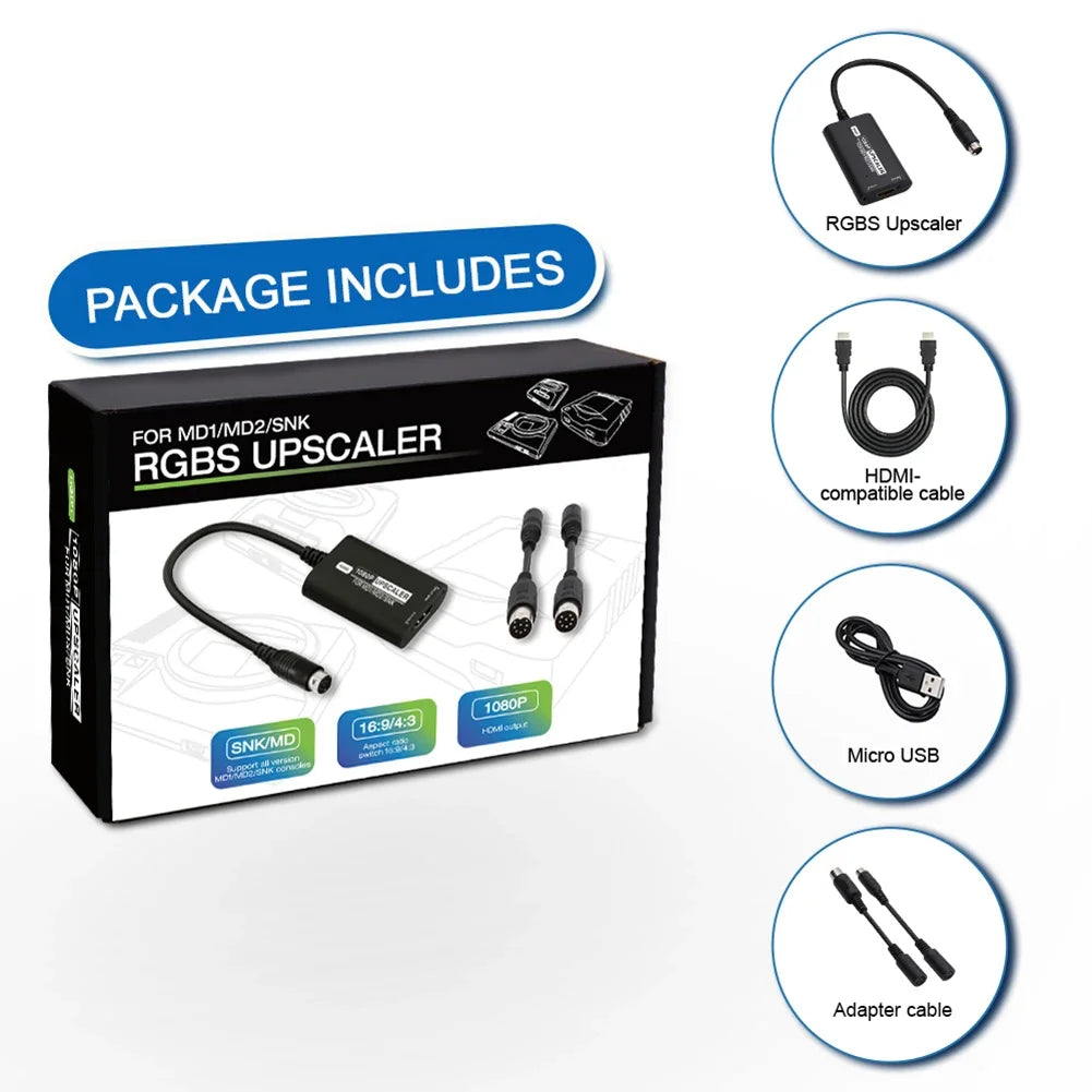 Adaptador de video para consola de juegos, convertidor RGBS compatible con HDMI, consola con interruptor de relación de aspecto, accesorios de juego para SEGA MD1 MD2 SNK