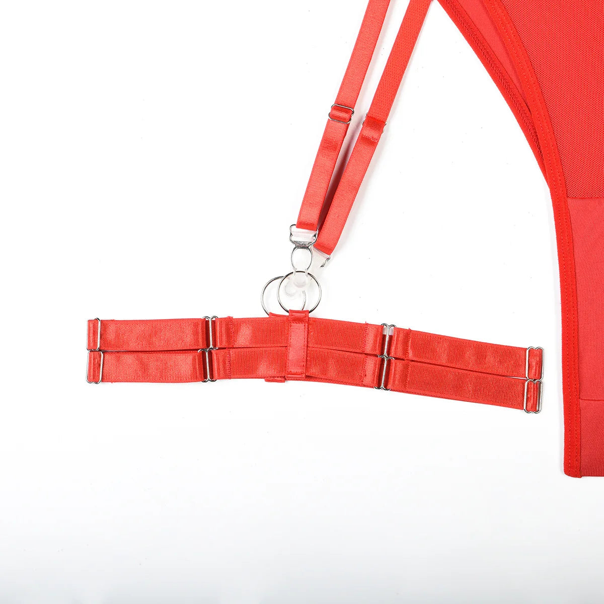 Conjunto de lencería sexy para mujer, con panel de encaje, escote en V profundo, glúteos abiertos, tirantes con forma de corazón de melocotón, cadena cruzada, liguero, ropa interior de tres piezas