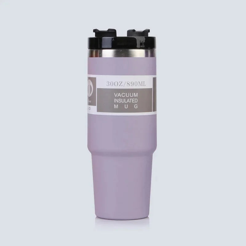 Vaso portátil de acero inoxidable de 30 oz con aislamiento para coche, con pajita y doble pajita para bebidas frías, ideal para usar en el vehículo.