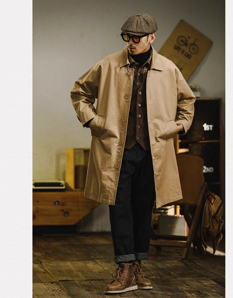 Retro American Sle Men's Long Coat Cotton Casual Faion Urban Youth Pure Color Button up Loose Fit Autumn Winter Coat