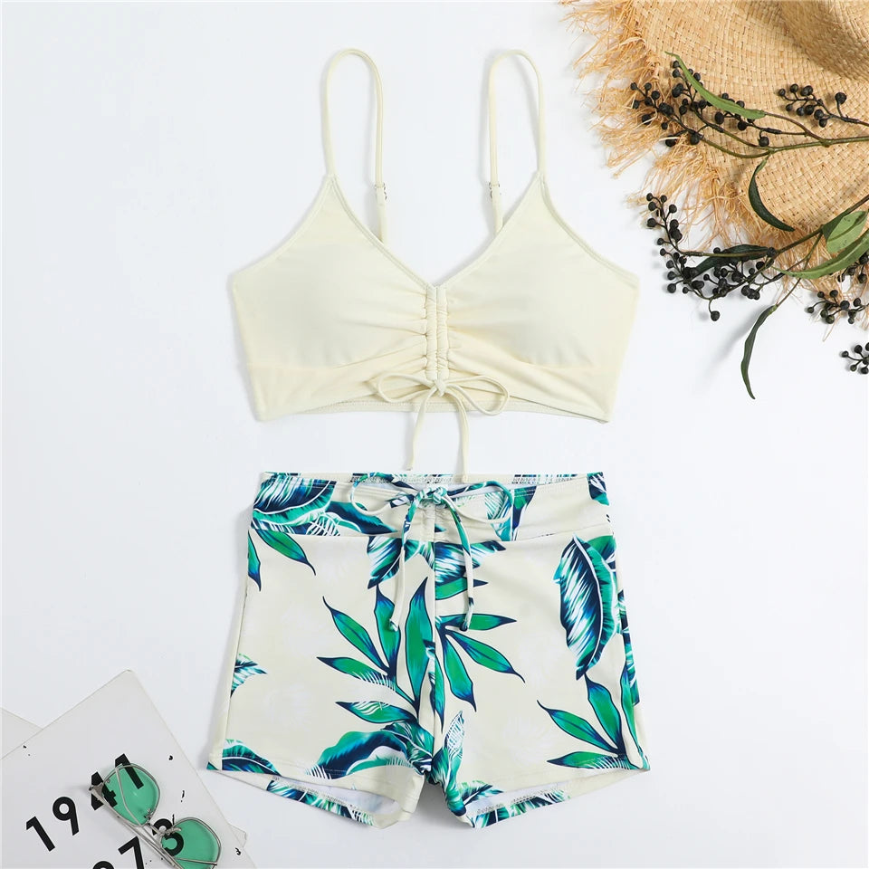 Bikini con cordón y estampado tropical para mujer, traje de baño de cintura alta con lazo frontal, pantalones cortos, traje de baño sexy para mujer, ropa de playa de verano
