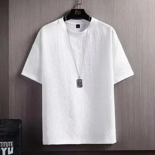 Camiseta de manga corta de lino suelto y seda helada para hombre, estilo nuevo de verano, camisa blanca de media manga, ropa interior térmica