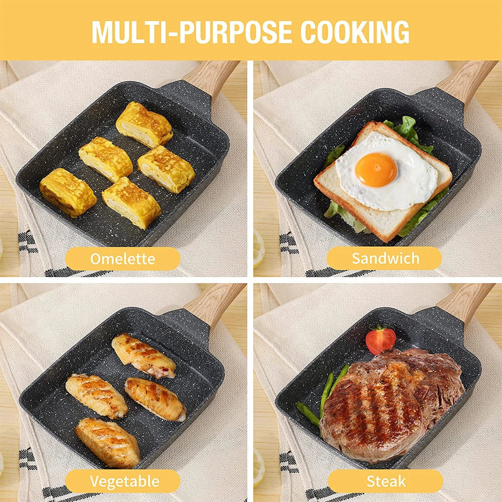 Sartén antiadherente para tamagoyaki, tortilla japonesa, huevos, rectangular, con mango desmontable anti-escaldaduras, apta para todo tipo de estufas.