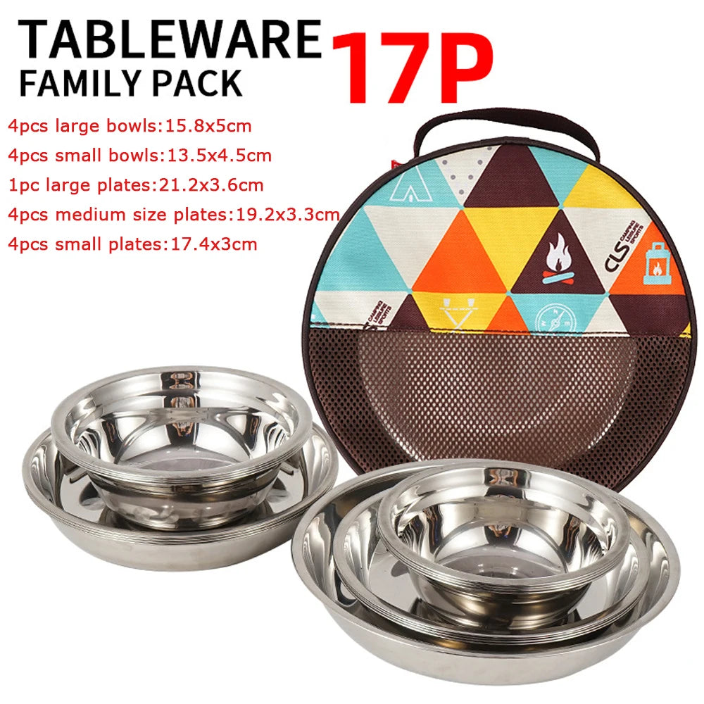 Juego de 17/22 piezas de vajilla de acero inoxidable para acampar, resistente, para picnic al aire libre, ensalada, contenedor de comida, picnic, viaje