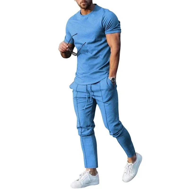 Conjunto deportivo para hombre, otoño 2023, verano, liso, informal, cuello redondo, manga corta, camiseta deportiva, conjunto de dos piezas para hombre
