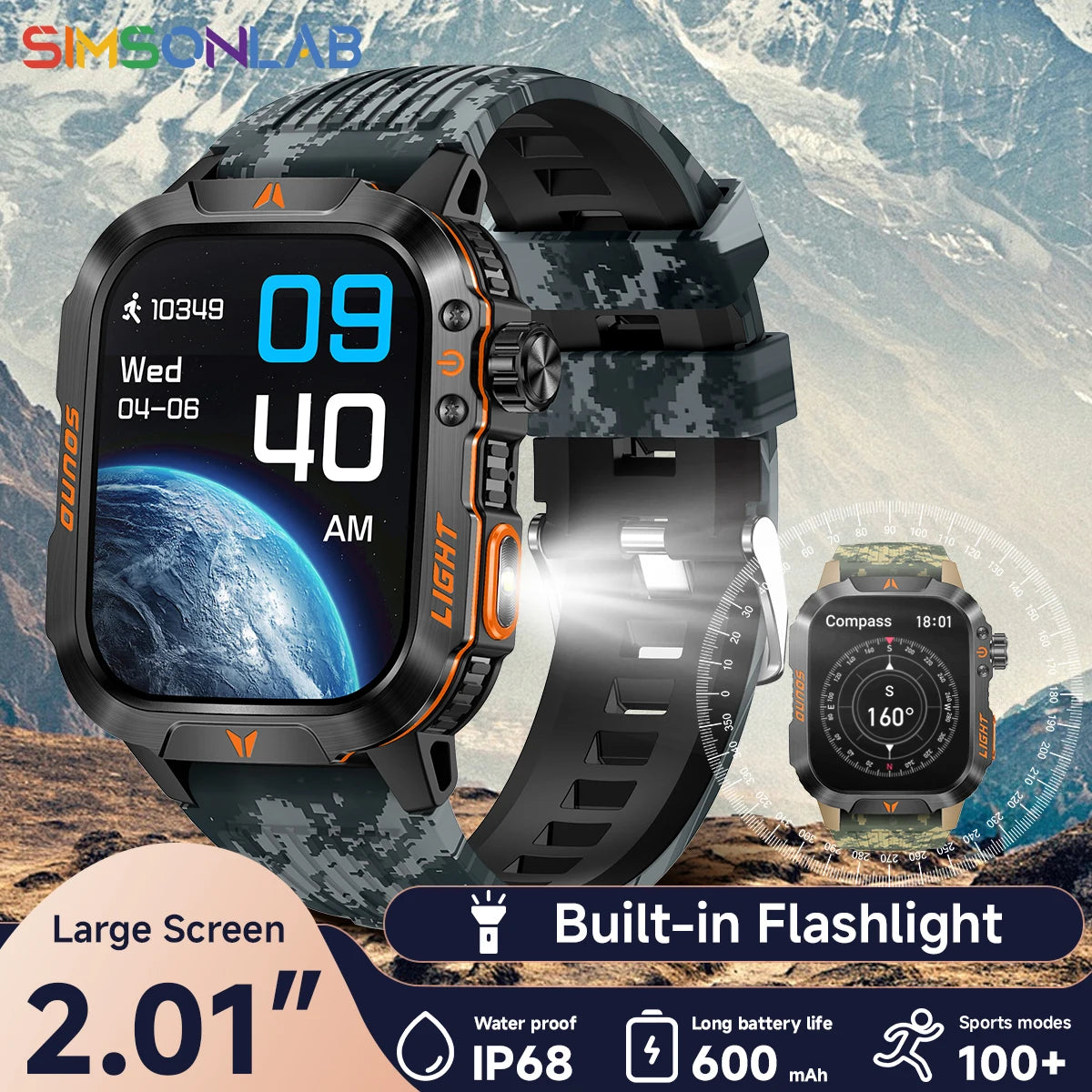 Reloj inteligente 2024 con pantalla 2.01, linterna para exteriores, brújula, IP68, resistente al agua, llamadas inalámbricas, batería de 600 mAh, modo deportivo de 100+