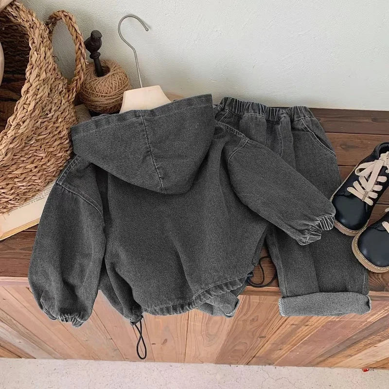 Ropa para niños Primavera y Otoño, sudadera con capucha de mezclilla para niño, conjunto de pantalón y top de manga larga de color liso Baoyang para mujer
