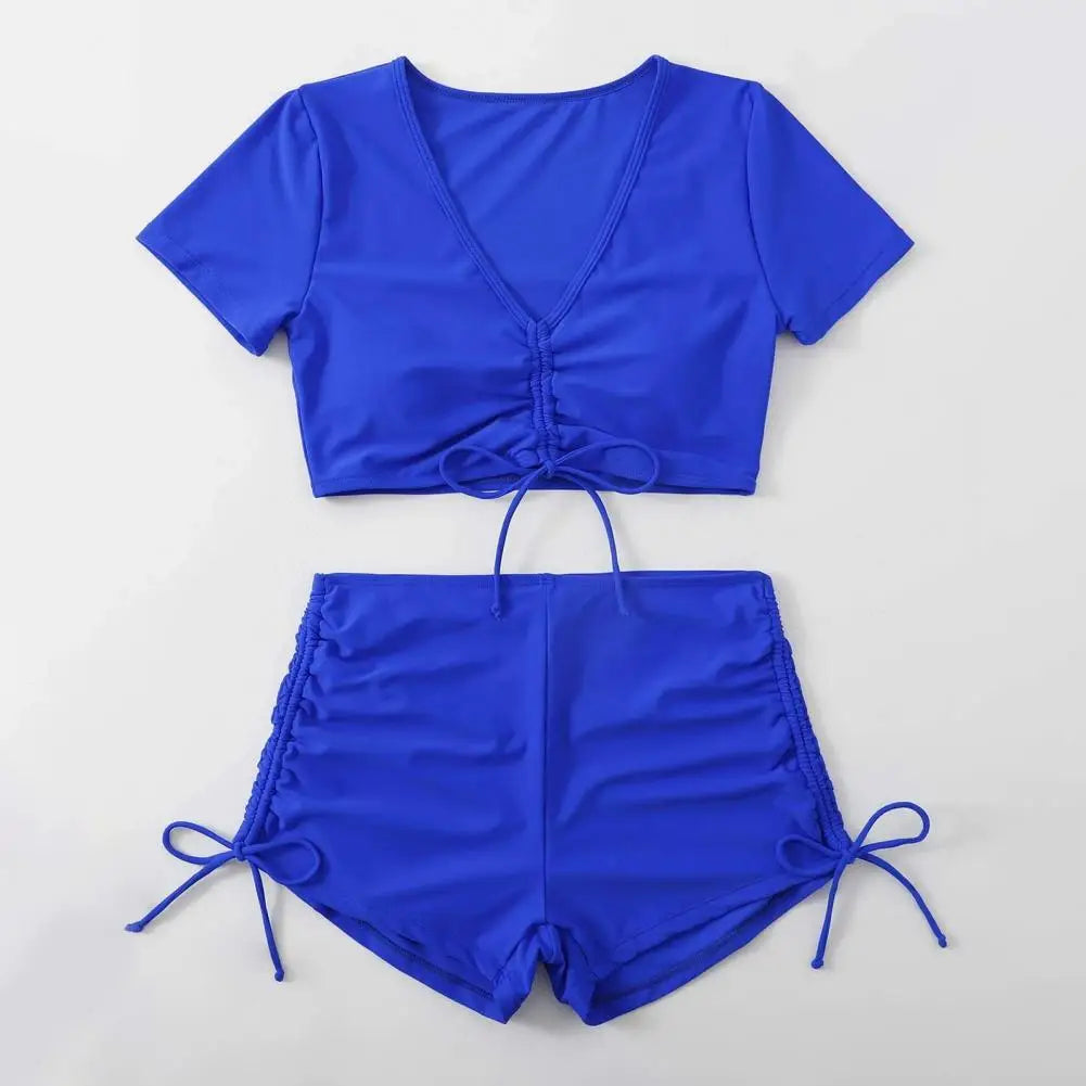 2Pcs/Set Swimsuit for Women Bikini Set V-Neck Short Sleeve Tops High Waist Drawstring Swimming Trunks Quick Drying Swimsuit
