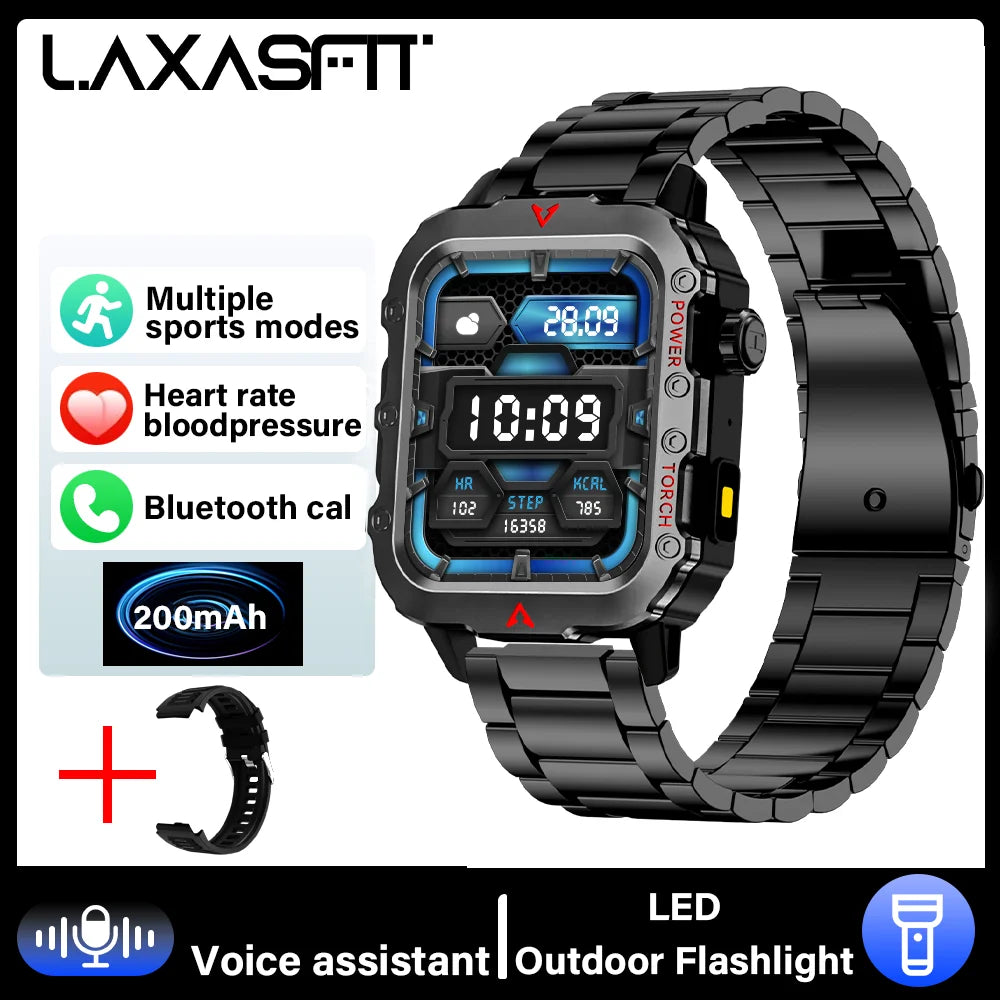 Reloj inteligente deportivo LAXASFIT para hombre con Bluetooth, monitor de frecuencia cardíaca, linterna LED, multifunción, para deportes al aire libre