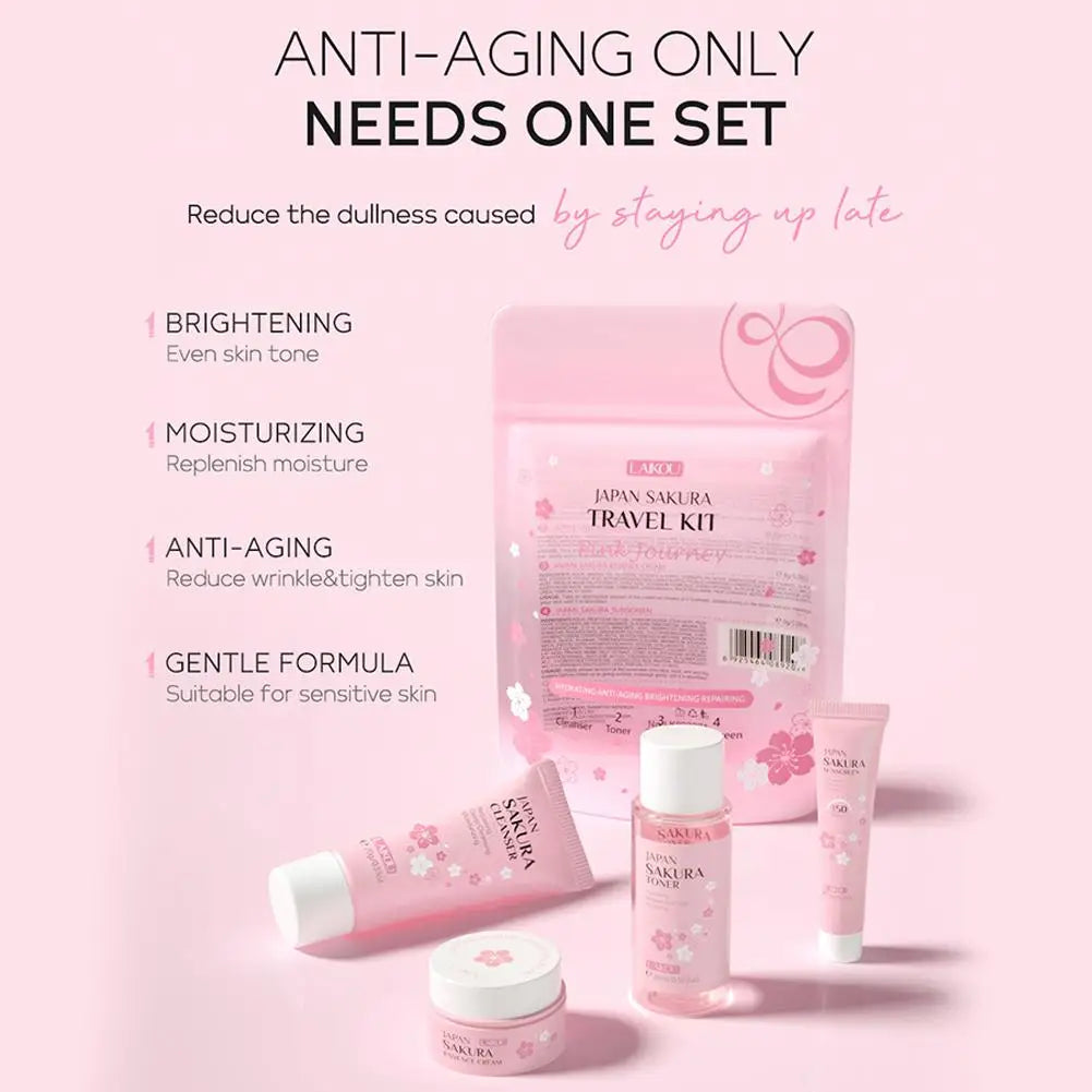 Sakura Skin Care Sets (4 unidades/bolsa): Limpiador facial, tónico facial, protector solar, hidratante, suavizante y nutritivo.