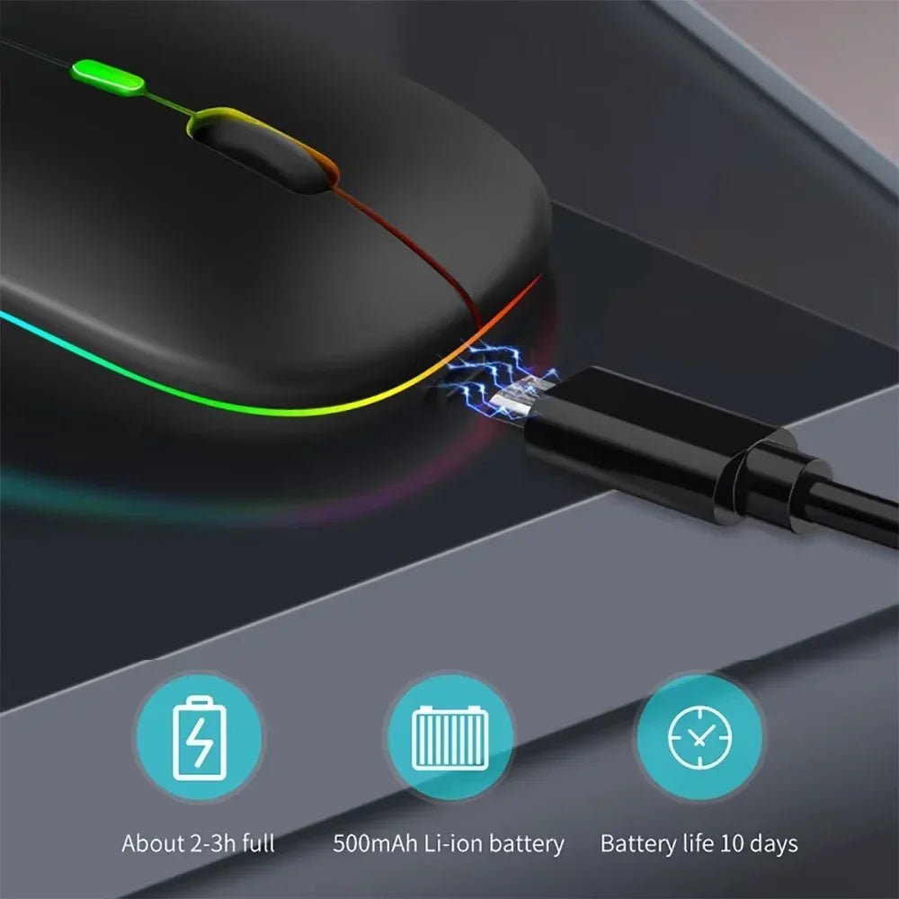 Ratón inalámbrico RGB de 2,4 GHz, recargable, silencioso, USB, para juegos, 1600 DPI, para PC, portátil, Macbook Pro