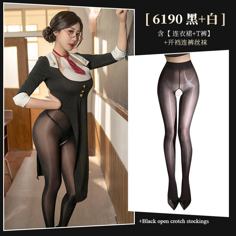 Porno Role Playing Teacher Uniform Temptation Halter Dress Sexy Lingerie Temptation High Waist Side Slit Cosplay Costumes 2025