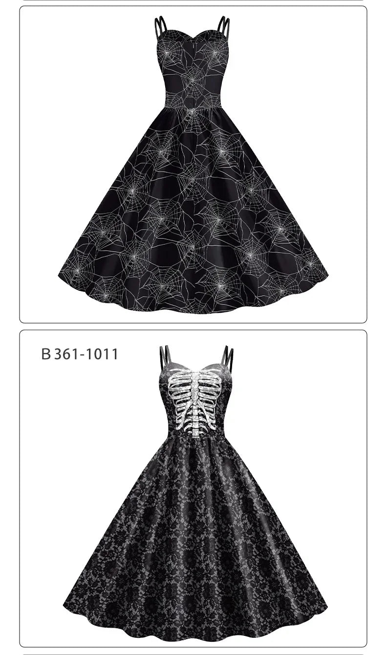 Halloween Costume Skeleton Rose Print Women Girl Female Goth Horror Rockabilly Carnival Fancy Dress Up Party Performance
