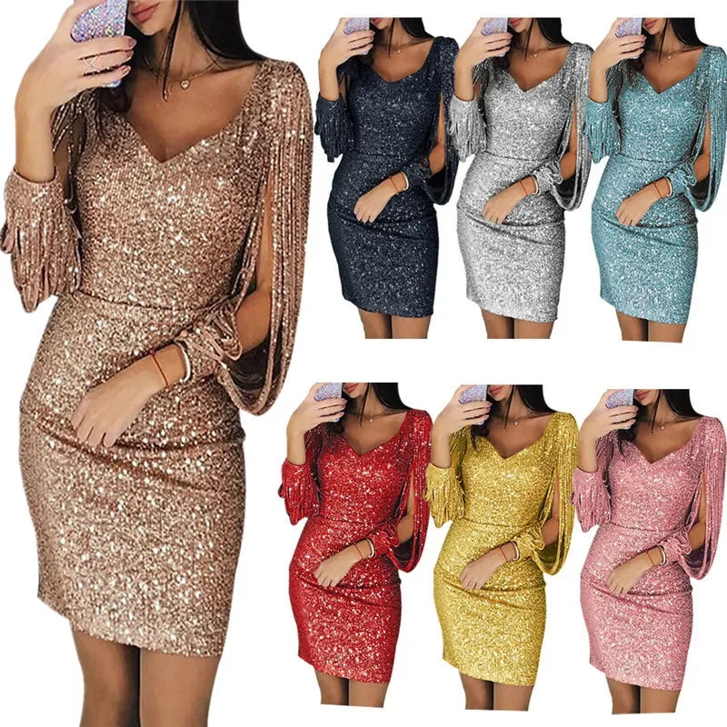 Vestido adelgazante de manga larga con flecos y escote en V con diamantes de imitación, el más vendido de Amazon Wish en 2019, para niñas, juvenil y elegante.