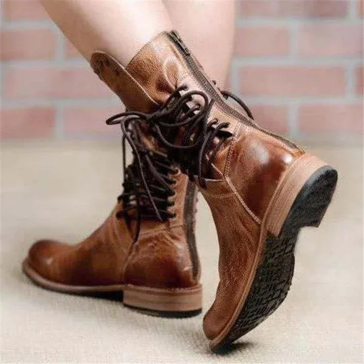 Botas de media caña con remaches para mujer, botines de caballero a la moda, estilo británico, para otoño e invierno, con cordones cruzados, de PU