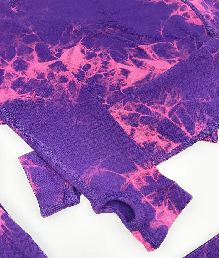 VEQKING - Ropa de yoga teñida para mujer, top corto de manga larga, pantalones de yoga de cintura alta, conjuntos deportivos, ropa de gimnasio de secado rápido