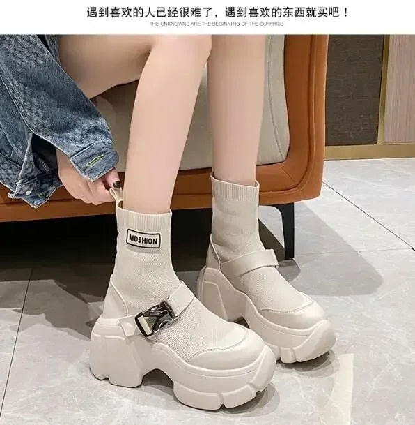 Botines de plataforma alta de 8 cm para mujer, botas cortas con suela gruesa y suela gruesa, antideslizantes, para motocicleta, para otoño