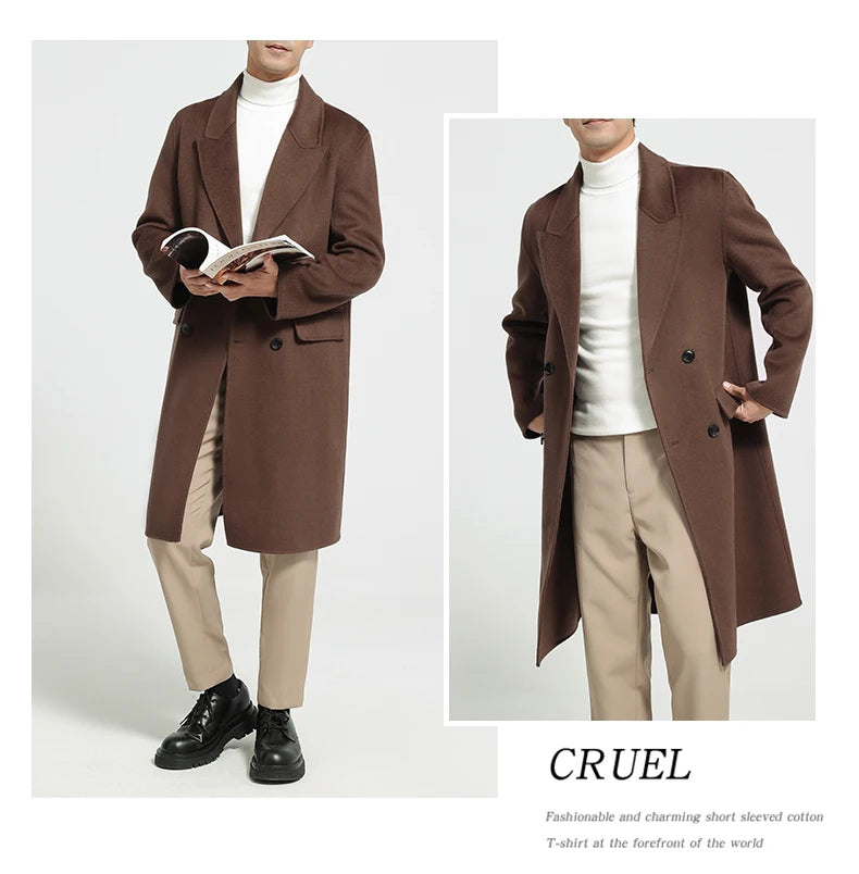 Autumn Winter New 100% Wool Double-sided Wool Coat Men's Korean Suit Collar Wide Fluffy Woolen Coat Simple and Luxurious