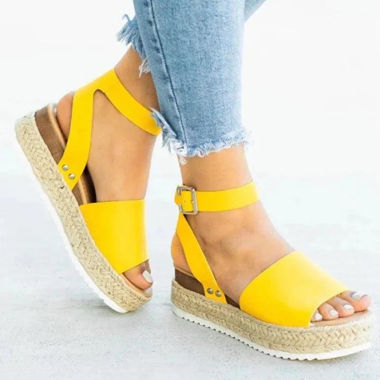 Sandalias de mujer de talla grande, estilo verano 2021, suela gruesa, diseño de hebilla y correa tejida, cómodas cuñas secas de EVA, sandalias romanas