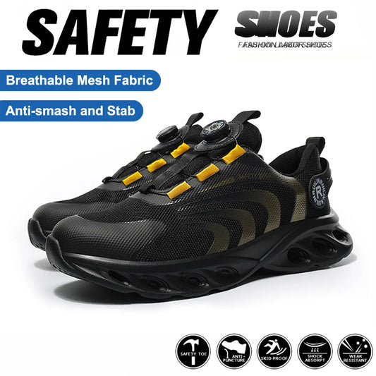 Zapatos de seguridad con botón giratorio para hombre, zapatos de trabajo con puntera de acero, zapatos de trabajo indestructibles y ligeros, zapatillas transpirables.