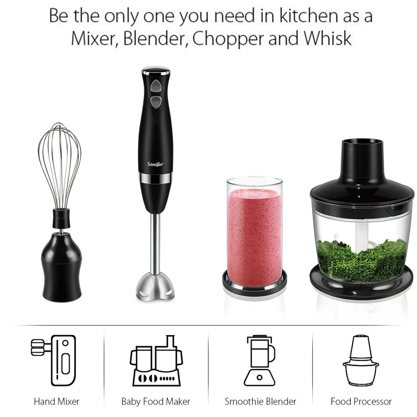 Batidora de mano de acero inoxidable 3 en 1, batidora eléctrica de inmersión con bol, picadora de carne y verduras, batidora Sonifer
