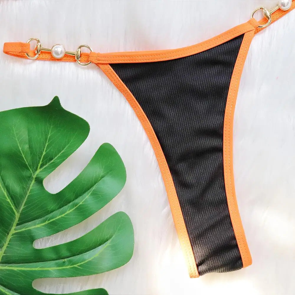 Bikini sexy con cuello halter y perlas para mujer, traje de baño femenino de dos piezas con ribete acanalado